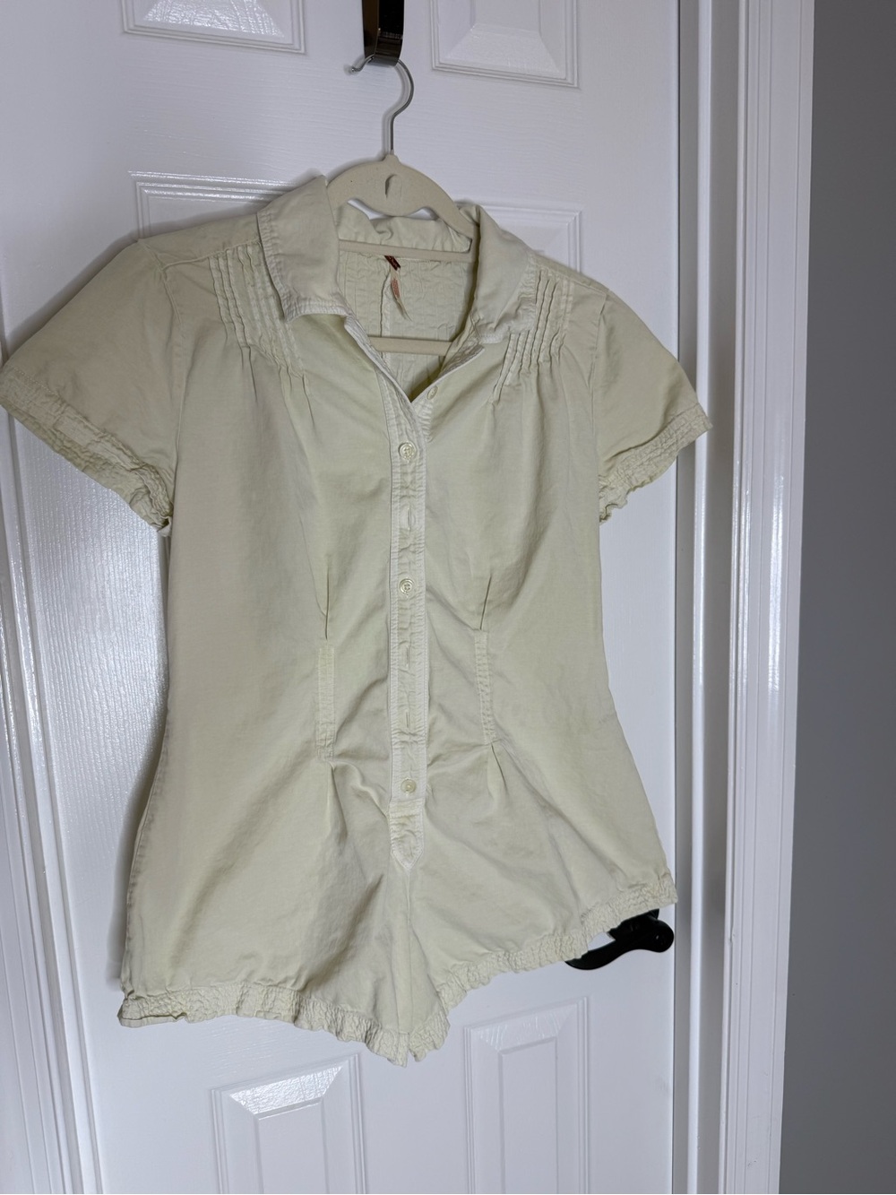 Free People Short-Sleeve Button Romper in Light Cream